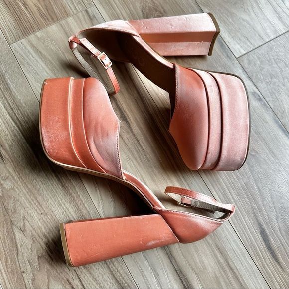 EGO | Happer Close Toe Statement Platform Block Heel Nude Peach Satin | … - Picture 7 of 11